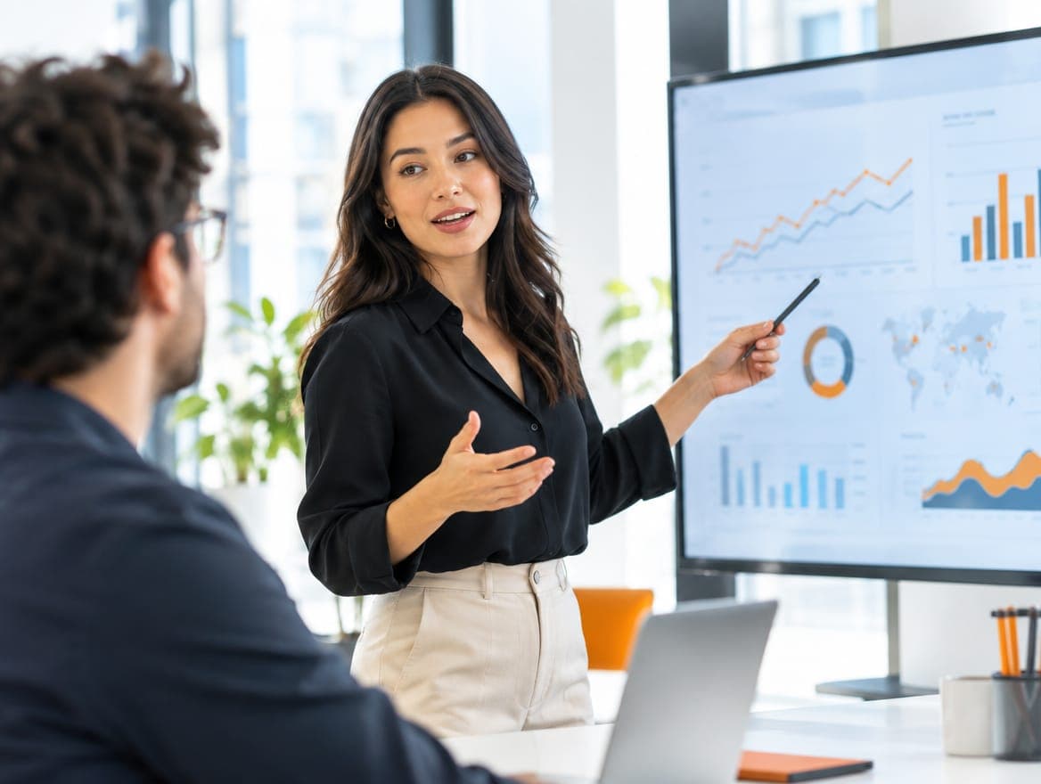 Analyst presenting a business dashboard to a colleague